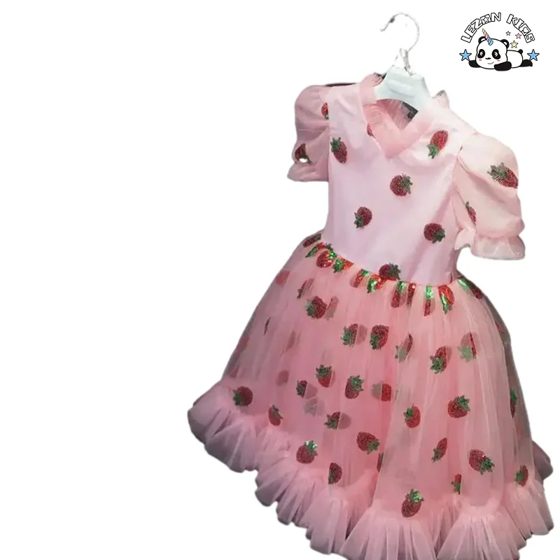LEZONKIDS - Vestido infantil com lantejoulas de morango, manga bufante e tule rosa para meninas 2020
